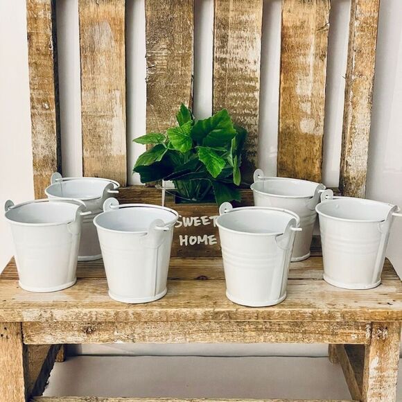 New 6 White Metal Tins Little 2.25”H Buckets w/ Handle Party / Wedding Favor Kit - Picture 3 of 16